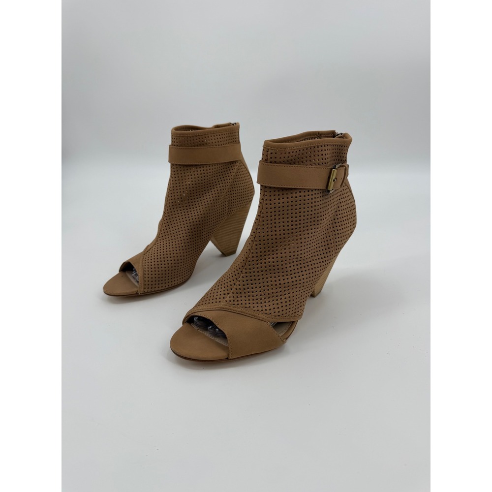 Pelle Moda Kori-Nu Latte Tan Perforated Leather Peep Toe Ankle Boots Size 9.5M